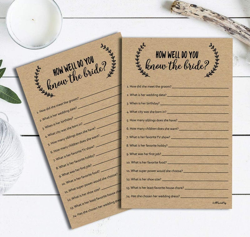 All-Ewired-Up How Well Do You Know The Bride - Kraft (50-Sheets) Rustic Bridal Wedding Shower or Bachelorette Party Game, Who Knows The Bride Best Couples Guessing Question Pack Engagement (Large Sheet Size) - Image 5